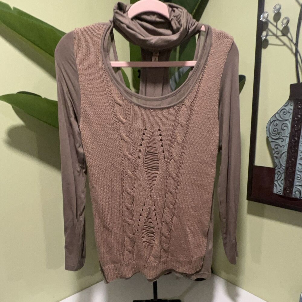 OMR Taupe Cable Knit Distressed Cowl Neck Racerback Long Sleeve Sweater 38 US M
